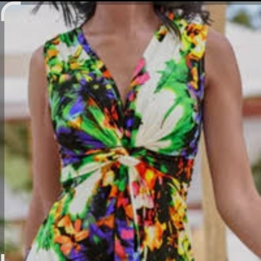 Venus‎ Floral Twist Front V-Neck Sleeveless Dress Multi-Color Size S
